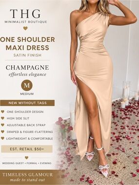 Champagne One Shoulder Satin Maxi Dress High Slit Formal Evening Gown M